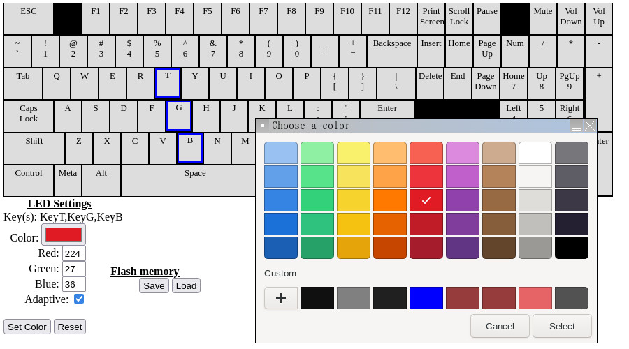 Interface for setting the color of individual keys